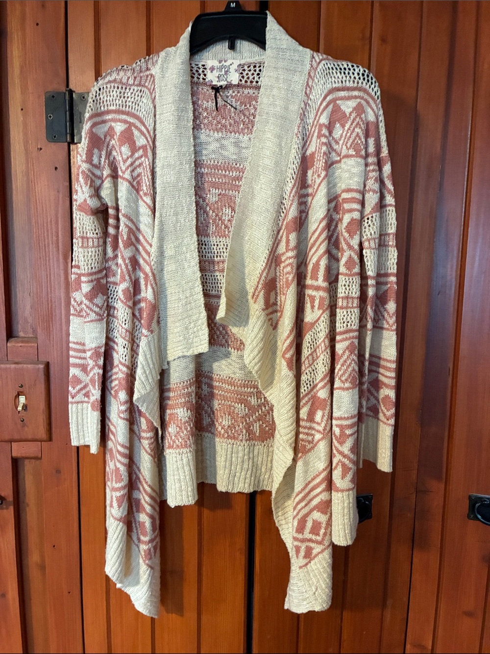 Open-Front Aztec Knit Cardigan Sweater - Dusty Pink/Cream C